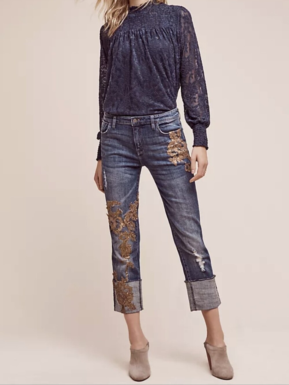 Anthropologie Pilcro Women's 28 Hyphen Gold Sequins Cropped Jean Retro Boho